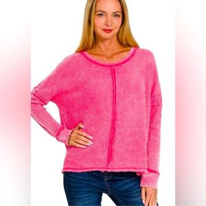 Zenana Oversized Washed Waffle Long Sleeve Top Final
